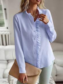 Women's Solid Color Button Pleated Flounce/Ruffle Hem Blouse