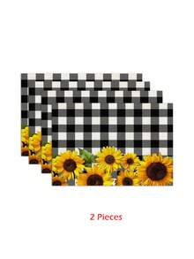 1pc/2pcs/4pcs/6pcs-Sunflower Checkered Illustration Green Leafy Plant Placemat, A Simple And Fresh Style Green Tropical Printed Linen Table Mat Combination, Suitable For Daily Decoration Party Table Mats In Spring And Summer - Multicolor - View 13