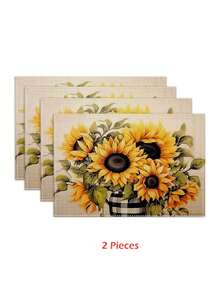 1pc/2pcs/4pcs/6pcs-Sunflower Checkered Illustration Green Leafy Plant Placemat, A Simple And Fresh Style Green Tropical Printed Linen Table Mat Combination, Suitable For Daily Decoration Party Table Mats In Spring And Summer - Multicolor - View 19