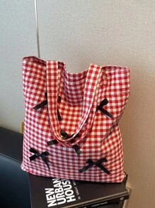 Large Capacity Plaid Bow Decor Handbag & Shoulder Bag For Women, Students School Tote Bag, Commute & Travel Diaper Bag