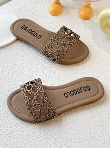 Sandalias planas de verano 2025 para niños, cómodas, de tejido dorado. Sandalias de dedo con diseño redondo para uso casual y holgazán para niñas