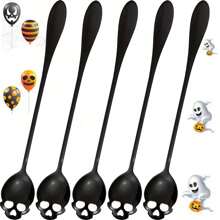 3/5pcs Skull Shaped Iced Tea Spoon Sets, Gothic Design Mixing Spoons, High Quality Stainless Steel Long Handle Spoons Suitable For Milkshakes/Smoothies/Iced Coffee, Ideal Gifts For Day Of The Dead/Christmas/Thanksgiving, Kitchen & Cafe Back To School