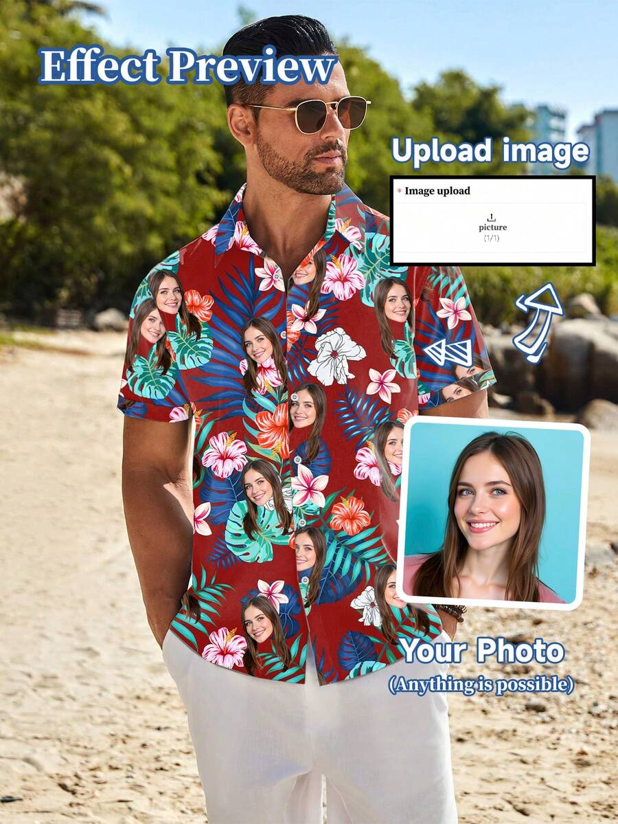 Camisas hawaianas personalizadas con diseños personalizados, como retratos humanos, niños, mascotas, dibujos animados o temas festivos para hombres y mujeres