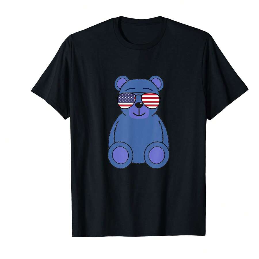 Cute Blue Teddy Bear Sunglasses 4th Of July Men Women T-Shirt]AL Birthday Gifts - Black - View 1