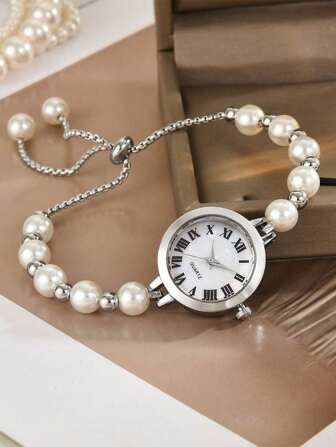 1pc/Set Elegant Fashion Quartz Watch For Teenage Girls, Pearl Strap Round Dial Adjustable Bracelet Watch, Suitable For Birthday, Halloween, Year-End Promotion