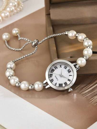 1 pieza/Set Reloj de cuarzo elegante y de moda para adolescentes, correa de perlas, esfera redonda, reloj de pulsera ajustable, adecuado para cumpleaños, Halloween, promoción de fin de año