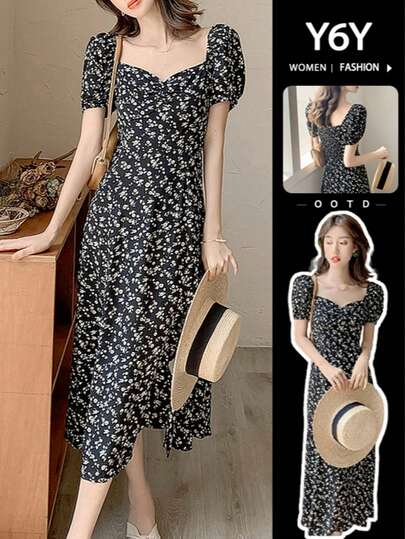  [Y6Y] 女士黑色印花短袖方领A字连衣裙，开衩下摆，休闲优雅梭织面料，适合春夏穿着