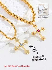1pc Custom Birthstone Bracelet, Gold Cross Pendant Bracelet For Women, Suitable As Birthday Gift, Graduation Gift, Friendship Token, Thanksgiving Gift, Anniversary Gift