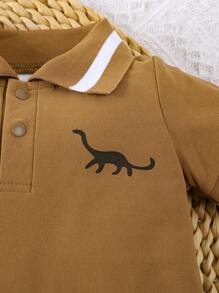 2 piezas Conjunto de pelele de manga corta con cuello tipo polo y estampado de dinosaurios para niños pequeños, para verano