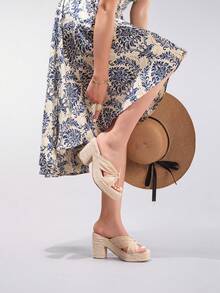 绳状坡跟厚底凉鞋，交叉带露趾，夏季度假休闲高跟厚底拖鞋，日常时尚女鞋 - 杏色 - 查看 5