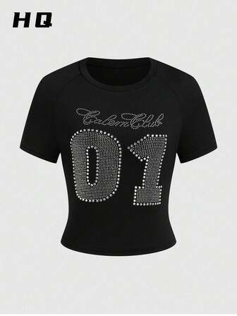 HQ Ladies Summer Clothes, Hot Diamond American Hot Girl Short-Sleeved Tight Short T-Shirt