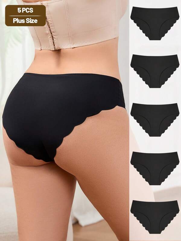5 Pcs Plus Size Scallop Trim Briefs, Breathable Soft Sexy Triangle Panties No Show Ladies Knickers Daily Wear, Women's Underwear & Lingerie, Black