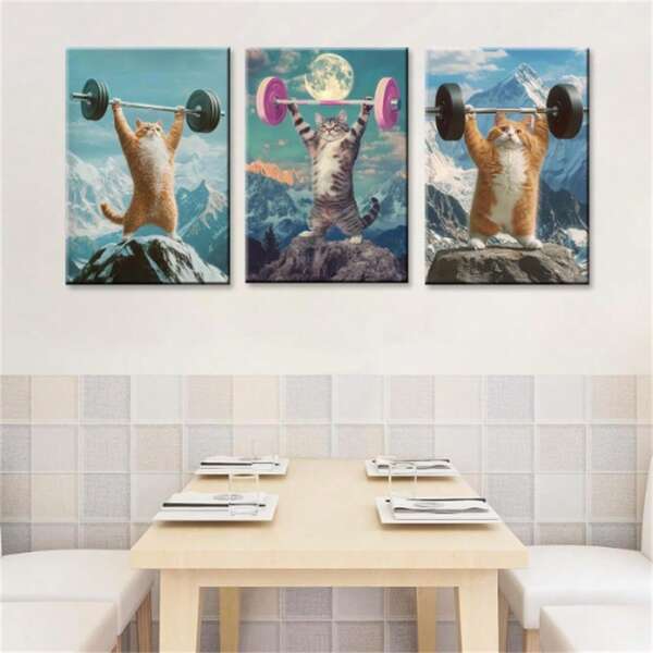1pc Frameless Cute Cat Weightlifting Fun Posters Vintage Painting Printing Wall Arts Modern Gym Living Room Bedroom Dormitory Study Bar Wall Decoration Home Room Decoration Aesthetic Set
