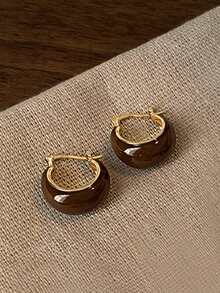 1 Pair Elegant Brown Oil Drop Simple Hoop Earrings, Suitable For Women's Daily, Commute, Holiday, And Date Wear In Autumn/Winter - Brown - View 5