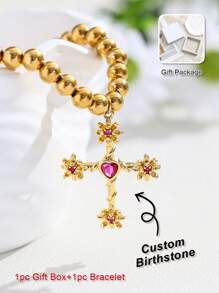 1pc Custom Birthstone Bracelet, Gold Cross Pendant Bracelet For Women, Suitable As Birthday Gift, Graduation Gift, Friendship Token, Thanksgiving Gift, Anniversary Gift