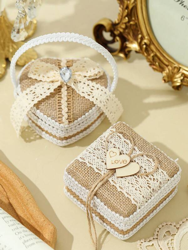 Rustic Ring Boxes Heart Shape Ring Holder For Wedding Ceremony Gift Bag,Retro Engagement Ring Pillow For Wedding & Proposal(Does Not Include Ring)