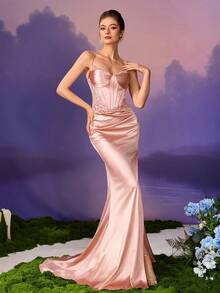 Elegante e grazioso abito da sirena con vita plissettata e decorazione a lisca di pesce, design con applicazione in vita, adatto per balli, matrimoni, eventi personali, celebrazioni di laurea, feste formali e banchetti - Rosa - Visualizzare 3