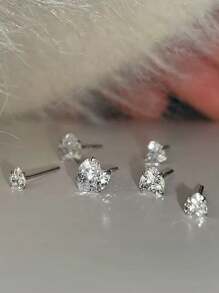 1/3pair Set Fashionable Luxury Sparkling Heart Zirconia Stud Earrings, Petite & Minimalist Design For Women