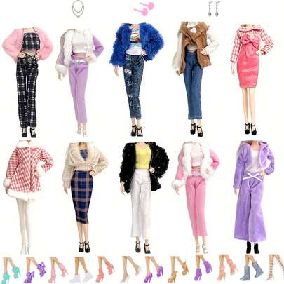 Handmade Doll Accessories Fashion Outfit Set, Winter Doll Clothes Casual Jacket With Pocket And Hat. 1 Set Includes: 1 Outfit, 1 Necklace, 1 Pair Of Shoes (Random Style And Color), And 1 Pair Of Earrings. Suitable For 11.8 Inch Dolls (Doll Not Included)