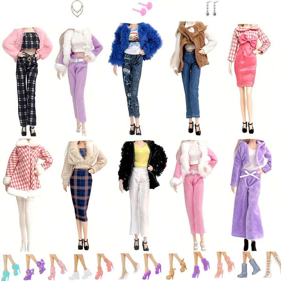 手工娃娃配饰时尚套装，冬季娃娃服装，休闲夹克，带口袋和帽子。1套包含：1套服装，1条项链，1双鞋子（款式和颜色随机），1对耳环。适用于11.8英寸娃娃（娃娃不包含）