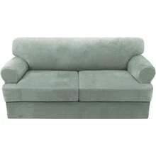 Sofa Cover 3 Piece T Cushion Loveseat Slipcovers Thick Velvet Couch Cover Stretch T Cushion Sofa Covers For 2 Cushion Couch With 2 Individual T Cushion Covers Washable, Stone Blue - 海草 - 查看 9