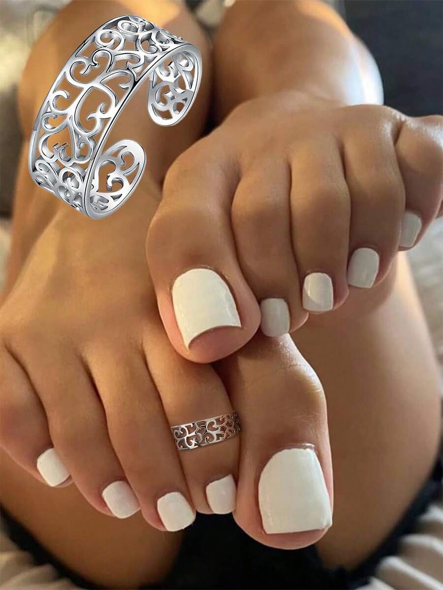 1 pieza Anillo para el dedo del pie minimalista, hecho de plata de ley S925, regalo de joyería elegante para mujeres - Anillo para el dedo del pie con patrón hueco - Ver 1