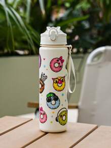 1pc 700ml/23oz Cartoon Donut Pattern Plastic Water Bottle, Children Plastic Water Cup With Lid, Lockable Design, Lanyard, Portable For School, Outdoor Sports, Camping, Picnic