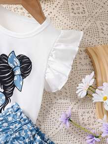 2 buc/set fete tinere model desen animat mânecă scurtă tricou top și fundă decorativ pantaloni scurți ținută de vară