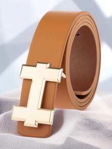 男女通用时尚简约字母合金扣腰带，纯色休闲商务正装牛仔裤腰带，理想的节日礼物 - 金色字母男女同款腰帶 - 查看 4