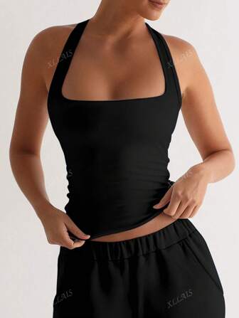 XLLAIS Sexy Backless Halter Tops Fashion Square Neck Elastic Casual Slim Fit Summer Women's Camisole
