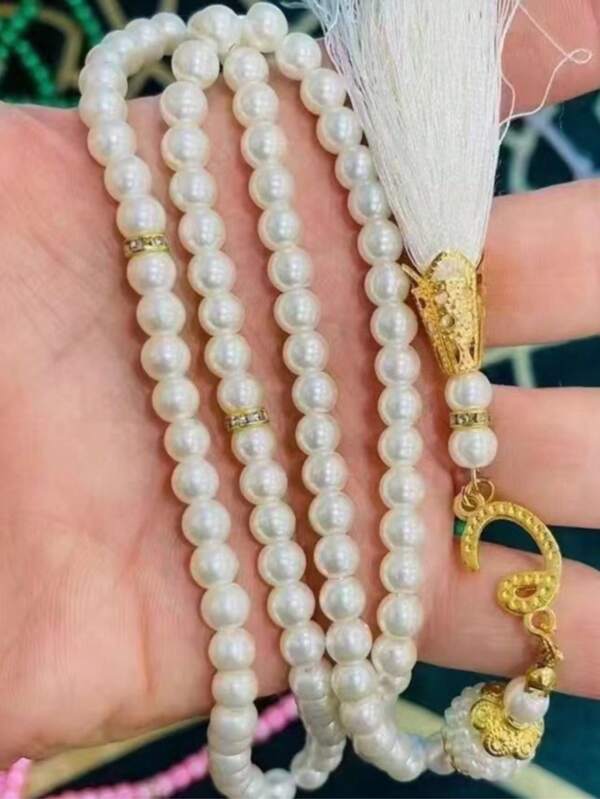 1 pezzo di rosario da 99 perle di vetro finto perla da 6mm, braccialetto con nappe, braccialetto tascabile, decorazione per mobili
