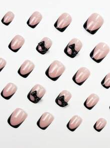 Instantly Enhances Your Charm 24pcs Press On Nails Short Classic Black French Tip Nails, Y2K Nail Art, Fashionable And Simple Short Square Nails, 3D Three-Dimensional Black Bow Decoration, Personalized Hot Girl, Detachable Press On Fake Nails, Casual Daily Nail Set, Suitable For Girls And Women's Daily Life, Beach Parties, Street Rock, Music Festival Nail Supplies