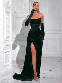 ADYCE Women's Elegant Solid Color Sweetheart Bodice With Waist Tie And Long Sash Front Split Open Back Women's Formal Evening Party Dress (Does Not Include Gloves) - Dark Green - View 1