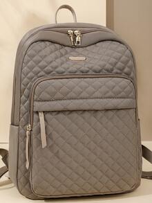 Women Nylon Solid Color Quilted Large Capacity Backpack, Versatile Casual School Student Travel Commuter Bag - Khaki - View 7