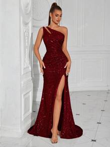 ADYCE Ladies Sequin Ruched Front Slit Backless Party Club Cocktail Dress, Elegant Formal Evening Prom Gown, For Wedding Guest, Dinner,Graduation Dress