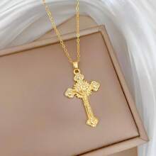 1pc 14K Gold Plated Stainless Steel Jesus Christ Cross Pendant Necklace, European/Arabian Style Religious Church Cross Necklace For Women, For Daily Wear, Gift Or Worship
