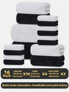 16pcs Set Includes [10pcs Handkerchiefs + 4pcs Towels + 2pcs Bath Towels], Coral Fleece Striped Towel Bath Set, Soft, Absorbent, Quick Drying, Suitable For Bathing, Face Washing, Hair Wrapping, Sports, Travel, Fitness, Etc. Back To School For Beauty Salon Home Bathroom - Multicolor - View 7