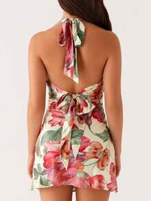 Women Y2k Halter Back Tie Up Bow Formal Mini Dress Cute Floral Backless Silk Satin Beach Vacation Short Dresses Summer Club Party Night Sundress - 杏色 - 查看 5