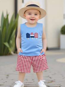 Kid Boy 4th Of July Outfit Popsicle Embroidery Round Neck Tank Tops+ Plaid Shorts 2Pcs Outfit
