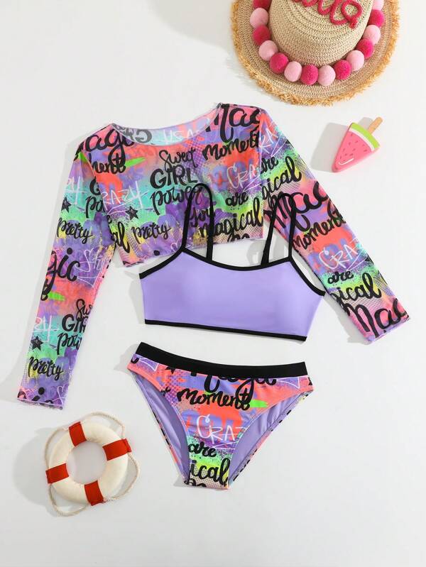 NB VEST Conjunto de Praia Juvenil Feminino de 3 Peças com Saída de Praia Estilo Cropped Estampada - J3019