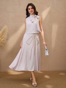 优雅蝴蝶结吊带背心搭配饰有串珠蝴蝶图案的铅笔裙，女士奢华复古两件套 - 粉 - 查看 6