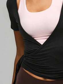 Women's Short Sleeve Wrap Sexy V Neck Shirts Summer Ribbed Knit Tops T Shirts Slim Fitted Casual Tees - 黑色 - 查看 3