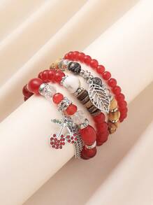 4 pièces/set Bracelet multicouche avec pendentifs en forme de feuilles de cerisier, fraises et franges en perles de verre de style bohème, convient pour les femmes au quotidien, la plage, les vacances, la remise des diplômes, en cadeau