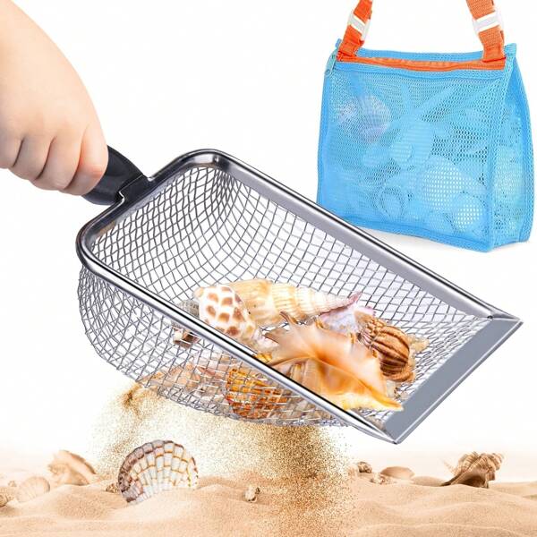 Juego de pala y red de acero inoxidable para la playa, bolsa de red negra para la recolección de conchas, conveniente para la exploración de la playa, diseño de filtrado multifuncional, herramienta para la exploración de la playa