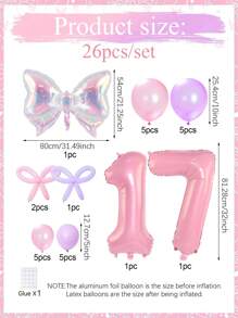 Set de 25/26 globos con forma de lazo transparente arcoíris, incluye lazos de mariposa de foil láser transparente de colores, globos de números 1-18 en rosa pastel, globos de látex en rosa perla y morado, para decoración de mariposas, cumpleaños, San Valentín, fiesta de cumpleaños familiar, boda, sesión de fotos, fiesta de cumpleaños de princesa, despedida de soltera, aniversario, té, fiesta temática de ratón rosa y negro, decoración de cumpleaños rosa