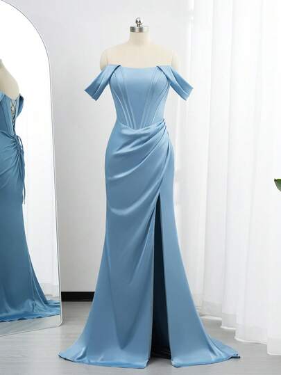 Off-Shoulder Ruched Backless Dress Evening Party Dresses Blue Bridesmaid Dresses Prom Dress For Dinner, Graduation, Homecoming, Spring Summer Outfit, Gown, For Wedding Guest