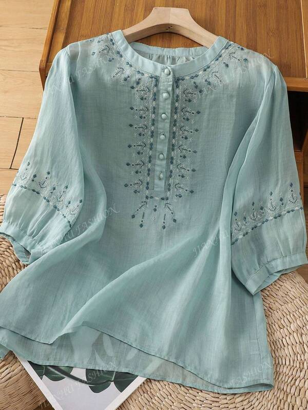 JIANHU Beige linnen geborduurde blouse - Zomerse boho-top met bloemenprint | Shirt met 3/4 mouwen en met de hand gestikte kraag en manchetten voor 4 juli/afstuderen/strand | Ademende, relaxte, casual en elegante damestop