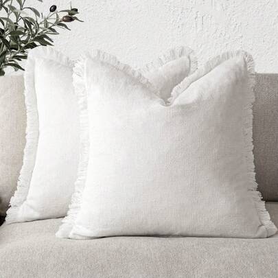 Decorative Linen Fringe Throw Pillow Covers Cozy Boho Farmhouse Cushion Cover With Tassels Soft Accent Pillowcase For Couch Chair Sofa Bed Living Room Home Decor