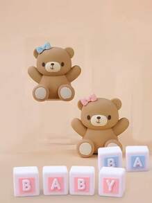 1pc Cute Pink & Blue Bowknot Heart Cartoon Bear Soft Rubber Decor, Suitable For Birthday Cake Party Decoration For Boys And Girls