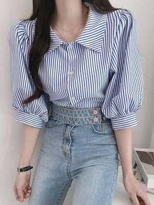 Las mujeres de la vendimia de cinco cuartos de manga camisa a rayas camisa de verano versátil cinco camisa de manga corta - Azul - Ver 4